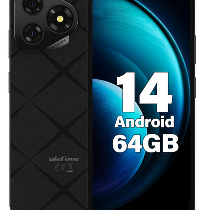 Ulefone Note 19 mobiiltelefon Android 14, 6GB RAM+64GB ROM/SD-512GB, 6,56" HD+ Octa Core, 5000mAh aku, 8MP+5MP kaamera, nutitelefon ilma lepinguta, kahe SIM-kaardiga 4G/Face ID/GPS/OTG-must