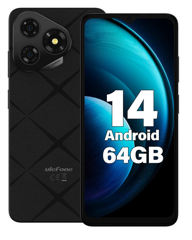 Ulefone Note 19 mobiiltelefon Android 14, 6GB RAM+64GB ROM/SD-512GB, 6,56" HD+ Octa Core, 5000mAh aku, 8MP+5MP kaamera, nutitelefon ilma lepinguta, kahe SIM-kaardiga 4G/Face ID/GPS/OTG-must