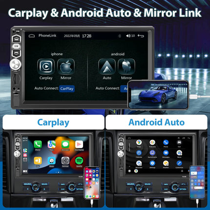 Hodozzy Car Radio 1 Din 7 Inch Touchscreen with CarPlay Android Auto Mirror Link, Hodozzy Car Stereo 1 Din Screen Bluetooth 5.1 Radio MP5 Player USB/TF/Aux In, FM Radio, EQ Digital Receiver