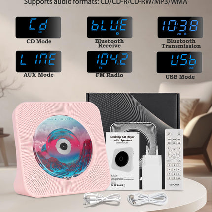 Roosa CD-mängija lastele, kaasaskantav CD-mängija Bluetooth 5.0-ga, kodune muusikapleier sisseehitatud HiFi-kõlaritega, FM-raadio, taimeri, USB-pordi, AUX-pesa, kaugjuhtimispuldiga (kõrvaklappide kaabel kaasas)