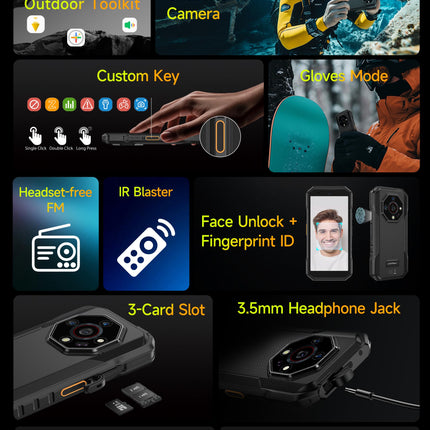 Ulefone Armor X32 välistingimustes kasutatav mobiiltelefon 12GB+128GB/2TB, MTK G91 48MP + 20MP öise nägemisega 5.65" Corning Glass, uuendatav Android 15-le, 5500mAh IP68 nutitelefon, kahe SIM-kaardi pesa, sõrmejäljelugeja, NFC, 2-aastane garantii - must