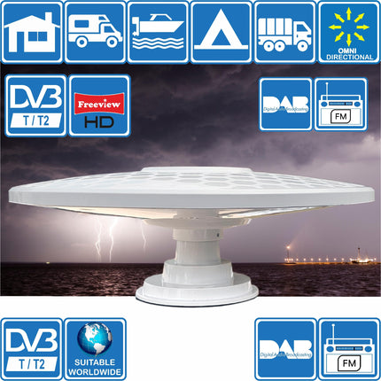 Helio-Magnet pikamaa digitaalne HD TV antenn, 360° igasuunaline, 33dB suure võimendusega võimendi UHF FM DAB. Toide 12V/24V/5V USB kaudu. Ideaalne matkaautodele, veoautodele, haagissuvilatele ja mererakendustele.