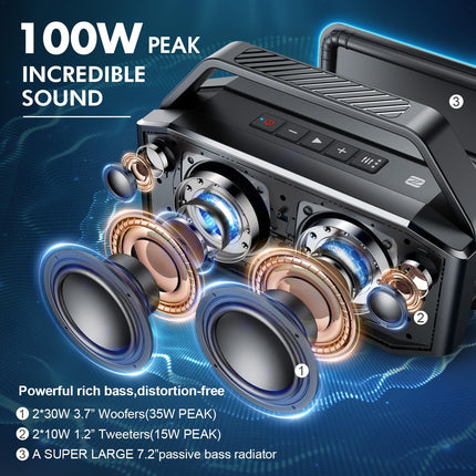 W-KING Bluetooth Speaker Box Large (100W peak) 60W Music Box Bluetooth Box, IPX6 Portable Speaker Outdoor Party Soundbox Boombox/Ex-large Passive Radiator Deep Bass/PowerBank/40H/TF/AUX/EQ