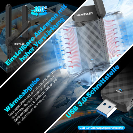 NEWFAST WLAN Stick for PC,1800Mbps Dual Band USB WiFi 6 Adapter,WiFi 6 Dongle Support for Windows 10/11 ONLY,180° Adjustable High Gain Antenna,WPA3,USB 3.0 Wireless Adapter for Laptop