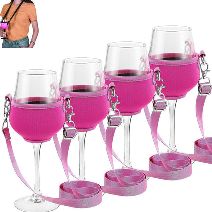 Pack of 4 wine glass holders for hanging with glass, wine glass holder for the neck, portable wine glass holder, for picnics, pool, festivals, weddings, birthday parties, large (wine glasses not included) (pink)