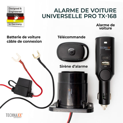 Technaxx TX-168 autoalarmisüsteem autodele, haagissuvilatele, paatidele ja kodudele - autoalarmisüsteem 105dB, välise sireeni, paanikanalnupu, 7-päevase aku tööeaga, PIR-liikumisanduriga, 2 USB-pordiga, lihtsa paigaldusega