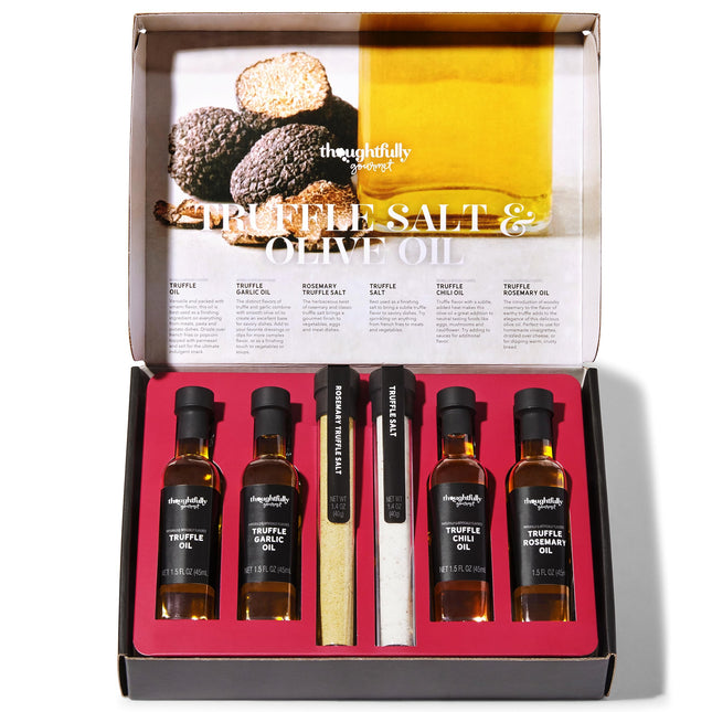 Thoughtfully Gourmet gurmeetrühvli soola ja oliiviõli kinkekomplekt sisaldab 4 esmaklassilist ekstra neitsioliiviõli ja 2 trühvli soola päris trühvlitega, 6 toote komplekt.