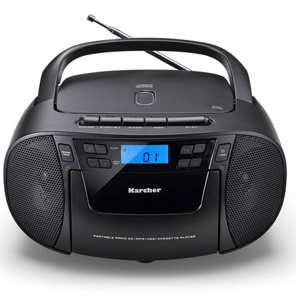 Karcher RR 5045 kaasaskantav CD-raadio (CD-mängija, kasseti, FM-raadio, vooluvõrgust töötav, USB ja AUX-sisendiga) must
