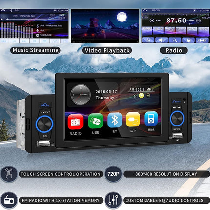 CAMECHO 5-tolline ühe DIN-iga puutetundliku ekraaniga autoraadio Bluetooth-vabakäesüsteemiga, peegliühendusega, FM-raadioga, USB-TF-Aux-sisendiga, kiirlaadimisega, autoraadio tahavaatekaameraga, puldiga, mikrofoniga
