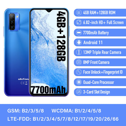 Ulefone Note 12 mobiiltelefon (2023) 7700mAh suur aku 128GB ROM/SD-128GB 6,82-tolline HD+ Android 11 nutitelefon ilma lepinguta, 13MP põhikaamera 3 kaardipesa 4G kahe SIM-kaardiga mobiiltelefon OTG - (sinine)