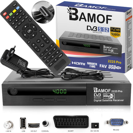 hd-line Bamof 2225 PRO satelliitvastuvõtja digitaalne satelliitvastuvõtja (HDTV, DVB-S/DVB-S2, HDMI, SCART, 2x USB, Full HD 1080p) [eelprogrammeeritud Astra, Hotbird ja Türksat jaoks] + HDMI-kaabel, must
