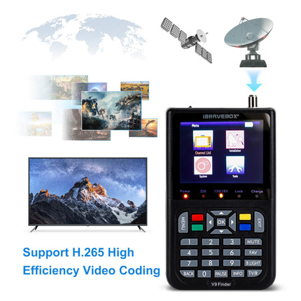 Digitaalne satotsija, V9 digitaalne satelliidisignaali otsija sisseehitatud liitiumioonakuga, 3,5-tolline LCD-ekraan, Full HD, 16-bitine, OSD 64 MB, 1 GB, DDR3, toetab H.265 (must)