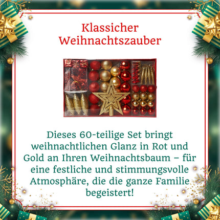 HEITMANN DECO Christmas tree decorations - gold/red - 60-piece set including tree topper, baubles, pearl necklace, garland, and stars - plastic, 47.5 x 29.7 x 6.5 cm