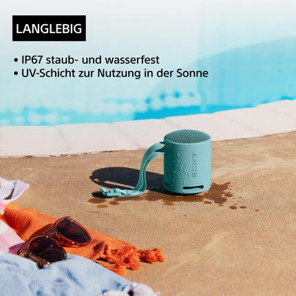 Sony SRS-XB100 - Wireless Bluetooth speaker, portable, lightweight, compact, outdoor, travel speaker, durable, IP67 waterproof and dustproof, 16-hour battery life, carrying strap, hands-free function, gray