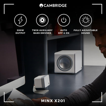 Cambridge Audio Minx X201-200-vatine aktiivsubwoofer kahe lisabasskõlari ja täielikult reguleeritava heliga - must