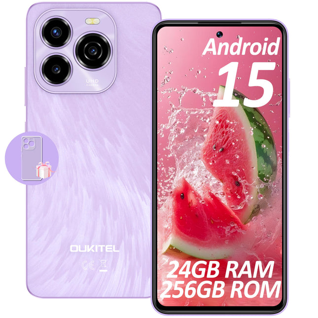 OUKITEL C65 Pro Android 15 nutitelefon lukustamata - 24GB+256GB mobiiltelefon ilma lepinguta 6,7-tolline 90Hz, 5150mAh, kahe SIM-kaardiga 4G SIM-vabad telefonid/näo- ja sõrmejäljelugeja/GPS/OTG/lilla