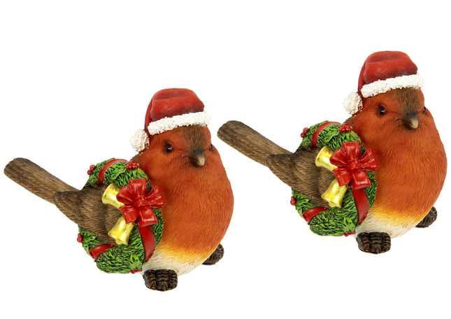 Bird made of polyresin with Christmas wreath and Christmas hat decorative bird animal figure decorative object decorative figure ornament sculpture statue home accessories Christmas decoration jewelry table decoration gift set of 2