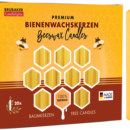 BRUBAKER 20-pack tree candles 100% beeswax Christmas candles pyramid candles Christmas tree candles honey-yellow