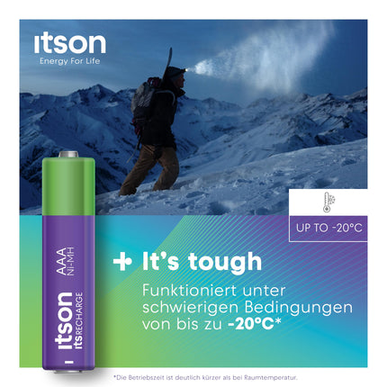 ITSON, AAA rechargeable batteries, 8 pieces, capacity with min. 800 mAh, packaging 95% recycled, made in Japan, best for remote controls, flashlights, watches