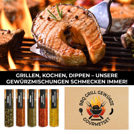 Kvaliteetne BBQ-vürtside komplekt, 5 BBQ-gurmeevürtsi koos retseptiideedega kvaliteetses kinkekomplektis meestele ja naistele, grillihuvilistele, isadepäevakingitus, sünnipäevakingitus