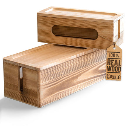 Nature Supplies Set of 2 Pinewood Cable Boxes - 1 Small Desk Organizer, 1 Large Floor Cable Organizer (Dark Brown)