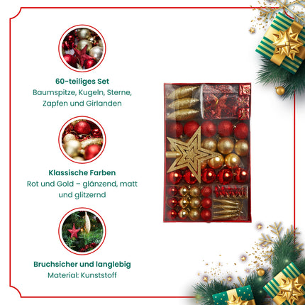 HEITMANN DECO Christmas tree decorations - gold/red - 60-piece set including tree topper, baubles, pearl necklace, garland, and stars - plastic, 47.5 x 29.7 x 6.5 cm