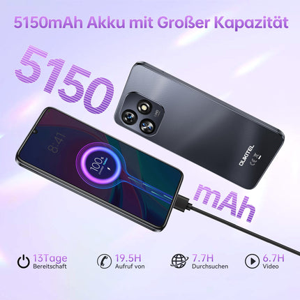 OUKITEL C51 nutitelefon, 18 GB (6+12) + 128 GB mobiiltelefon 6,8 tolli, Android 14 5150 mAh aku, 13 MP + 5 MP kaamera, näotuvastus ja sõrmejäljelugeja, GPS, kahe SIM-kaardiga 4G lukustamata mobiiltelefonid, sinine