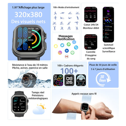 Blackview W30 - Sports Smartwatch - 1.91" Display - +100 Training Modes - Notifications - 10m Diving Depth - 7 Days Battery Life - Microphone - Black