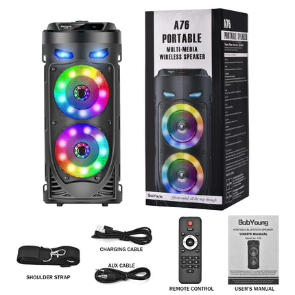 Portable Bluetooth Speaker, 30W Wireless with Dual 4'' Stereo Sound, LED Lighting, Remote Control, Supports EQ, TWS, USB, TF, AUX, for Travel, Home, Party