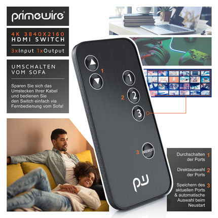 CSL - HDMI 2.0 jaotur 4k 60Hz - 3-pordiline lüliti puldiga - 2.0b Ultra HD 4096x2160 3840x2160 - HDR - 3D-valmis - HDCP - 48-bitine sügavvärv - automaatne vahetamine - toiteplokiga