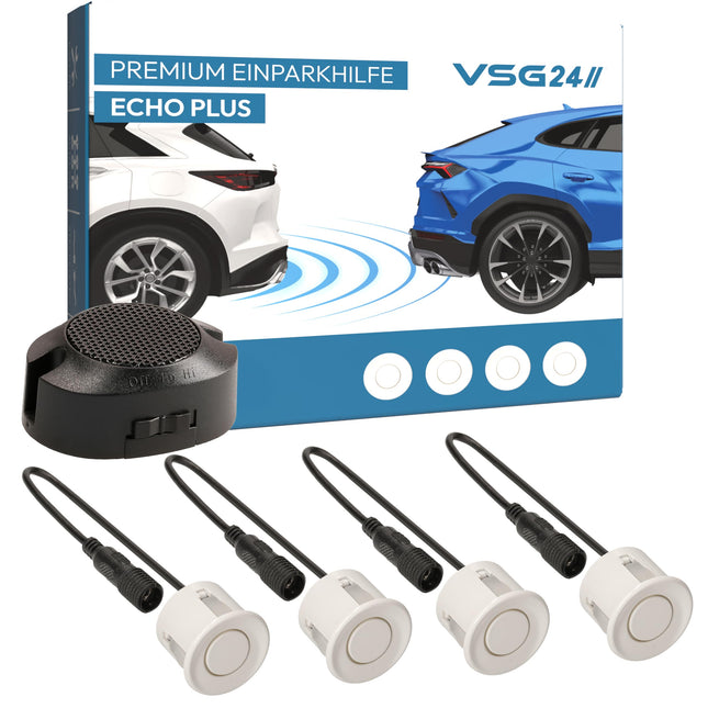 VSG24 Premium rear parking aid for retrofitting on the car, PDC parking sensors rear with plug-in system for easy installation, reversing alarm with loudspeaker &amp; 4 sensors, parking aid retrofit kit white