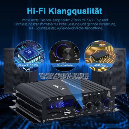 S-299 4.1-kanaliga HiFi võimendi, RMS 40Wx4+50W Bluetooth mini-audiovõimendi, max. 800W võimsus, passiivne subwoofer-võimendi, DC 12V/5A kodukõlaritele, USB SD-pesa, AUX