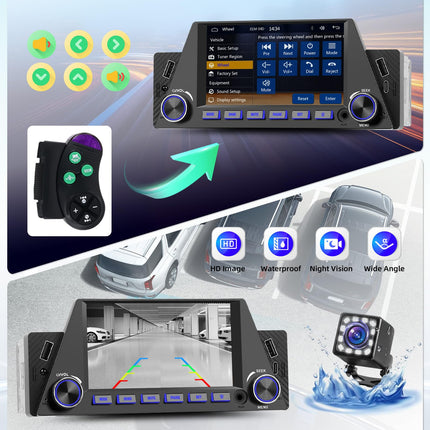 Autoraadio 1 DIN juhtmevaba CarPlayga, Android Auto 5-tolline puutetundlik ekraan, Bluetooth-ühendusega autostereo, toetab MirrorLinki/FM-raadiot/EQ-d/C-tüüpi laadimist/2 USB/AUX/SWC+tagurduskaamera kaugjuhtimispulti