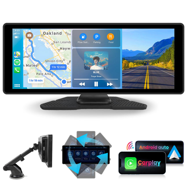 Rimoody kaasaskantav autoraadio juhtmevaba Carplay Android Auto ekraan, 10,26-tolline HD puutetundlik kaasaskantav autoraadio ekraan AirPlay Android Cast Bluetooth/FM-saatja/EQ/AUX/hääljuhtimine/USB 7-32V