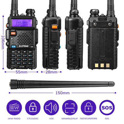 BAOFENG GT-5R raadiosaatja, kahe sagedusalaga kahesuunaline raadio UHF VHF 144-146/430-440MHz jaoks, 128 kanali mäluga, 1800 mAh akuga, programmeerimiskaabliga, täiskasvanute kõrvaklappidega, Chirp-toega