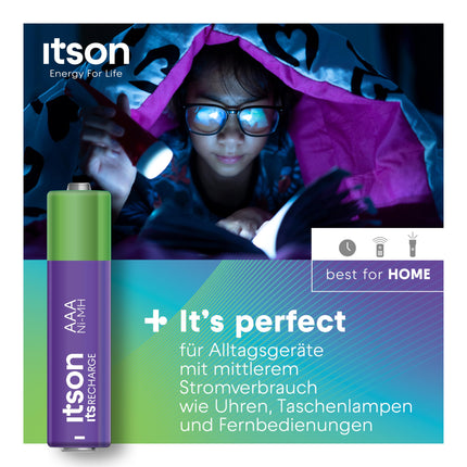 ITSON, AAA rechargeable batteries, 8 pieces, capacity with min. 800 mAh, packaging 95% recycled, made in Japan, best for remote controls, flashlights, watches