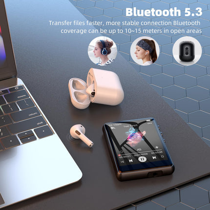 64GB MP3 Player Bluetooth 5.3 2.4" Full Touchscreen Portable MP3 Player with Speaker, Voice Recorder, FM Radio, Line Recording Support 128GB Kids MP3 Player (Black)