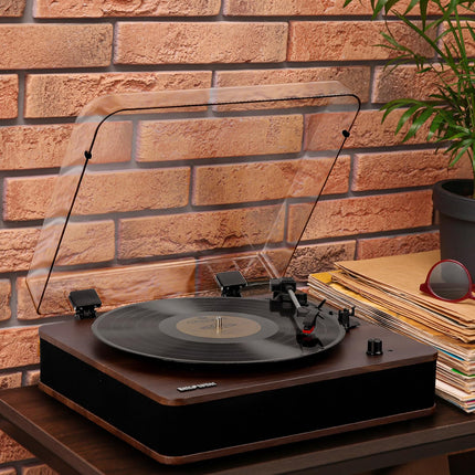 Retrospiler Record Player, Bluetooth Input and Output Turntable with Built-in Speakers, FM Radio, Vinyl MP3 Recording, USB and SD Playback, LED Screen, Walnut
