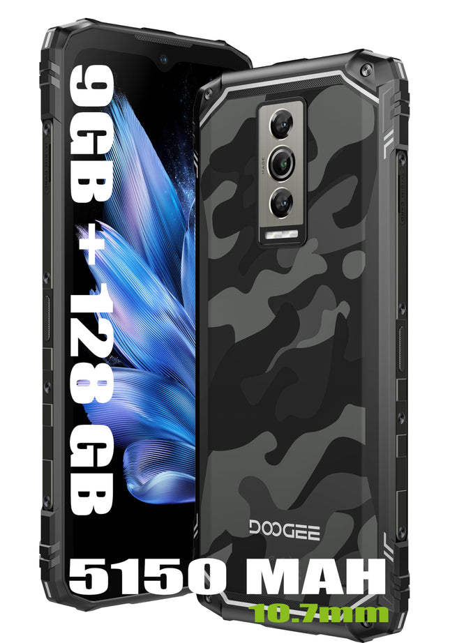 DOOGEE Blade 10 Smartphone without a contract, 9GB + 128GB, 5150mAh battery, 11mm thin, unlocked smartphone, rugged 4G, 16MP camera + 8MP outdoor phone, Android 14, 6.56 inches, NFC, Black