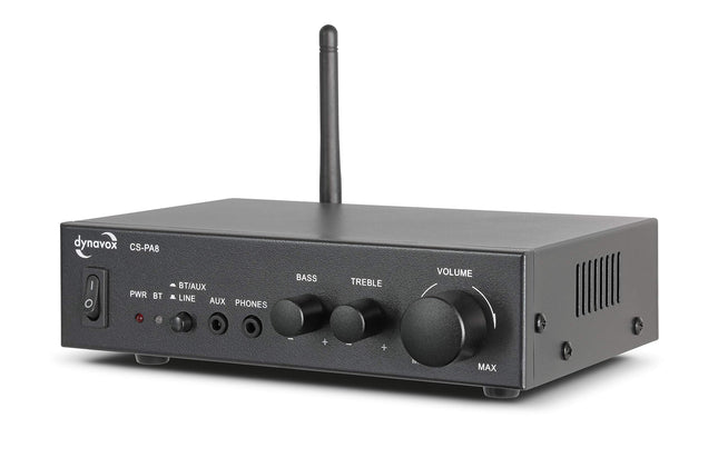 Dynavox minivõimendi CS-PA8, stereo digitaalvõimendi, kruvitavad ühendusklemmid, integreeritud Bluetooth-antenn ja kõrvaklapipesa, must