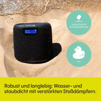 Pure Woodland Mini Outdoor Speaker with Bluetooth &amp; DAB+/FM Radio (waterproof IP67, robust, portable, 14h battery, perfect for garden &amp; camping) Black
