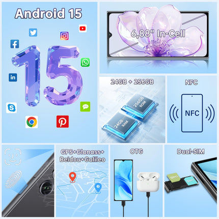 OUKITEL C61 Pro nutitelefon lukustamata Android 15, 24 GB + 256 GB / 1 TB mobiiltelefon ilma lepinguta, 6,88-tolline HD+ ekraan nutitelefon 5150 mAh, 13 MP + 5 MP, kahe SIM-kaardiga 4G SIM-kaardivabad telefonid, NFC/sõrmejälje/näotuvastuse/OTG