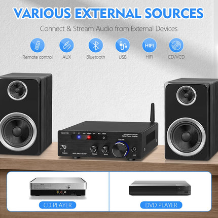 HiFi võimendi Bluetooth 5.0-ga, AK-3116 mini stereohelivõimendi 2.0 kanaliga 100W x 2 vastuvõtjat D-klassi digitaalne võimsusvõimendi TPA3116 kiibiga, USB, AUX, BT sisendiga