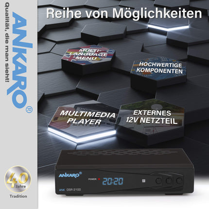 ANKARO DSR 2100 digitaalne Full HD 1080p satelliitvastuvõtja must USB-meediapleieri, salvestusfunktsiooni ja ajanihke/HDMI/SCART/LED-ekraaniga / 12V toiteallikaga, ideaalne telkimiseks