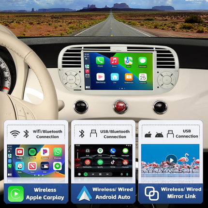 [Cream 4+64GB] Autoraadio FIAT 500 2007-2015 mudelile, 7-tolline puutetundlik ekraan, Android 14 raadio tugi, juhtmevaba Carplay/Android Auto, GPS navigatsioon, WiFi, 4G, Bluetooth, 5.0, FM RDS, DSP, SWC, DAB+, OBD, USB
