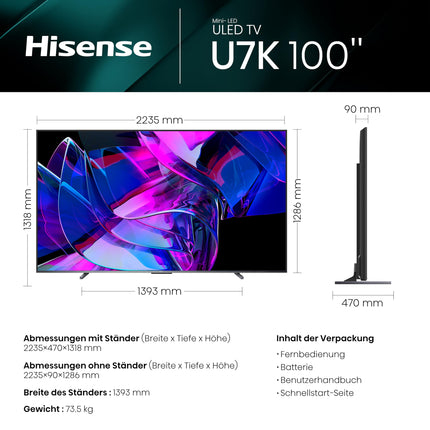 Hisense 100U7KQ (100-tolline) 4K Mini LED ULED HDR nutiteler, Quantum Dot, 144Hz, HDMI 2.1, Game Mode Pro, Dolby Vision IQ ja Atmos, Bluetooth, sisseehitatud Alexa, antratsiithall