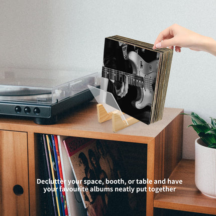AZKEEGREY 2 läbipaistvat plaadihoidjat, puidust vinüülalus LP, CD, DVD albumite hoiustamiseks laual