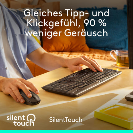 Logitech MK295 juhtmevaba klaviatuuri ja hiire komplekt SilentTouch tehnoloogiaga, otseteede klahvidega, optilise jälgimisega, nano-USB-vastuvõtjaga, viivituseta juhtmevaba ühendusega, QWERTZ-paigutus - grafiit, PC