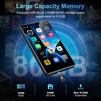 80 GB MP3-mängija Bluetoothi ​​ja WiFi-ga, SWOFY 4,0-tollise puutetundliku ekraaniga MP3- ja MP4-mängija Androidile, kaasaskantav laste muusikapleier Spotify, Amazon Musicu, raadio, diktofoni, e-raamatute ja brauseriga