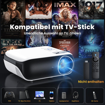 HOPVISION Projector, Full HD 1080P Projector, Bluetooth Projector 4K Supported, Portable Mini Projector Home Theater, Home/Outdoor Projector Compatible with Smartphone/HDMI/USB/AV/Fire Stick/PS5